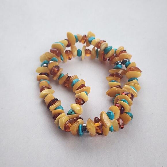 Jay King Amber Turquoise Beaded Bracelet New Stretch Double Two Strand Silver - Picture 5 of 5